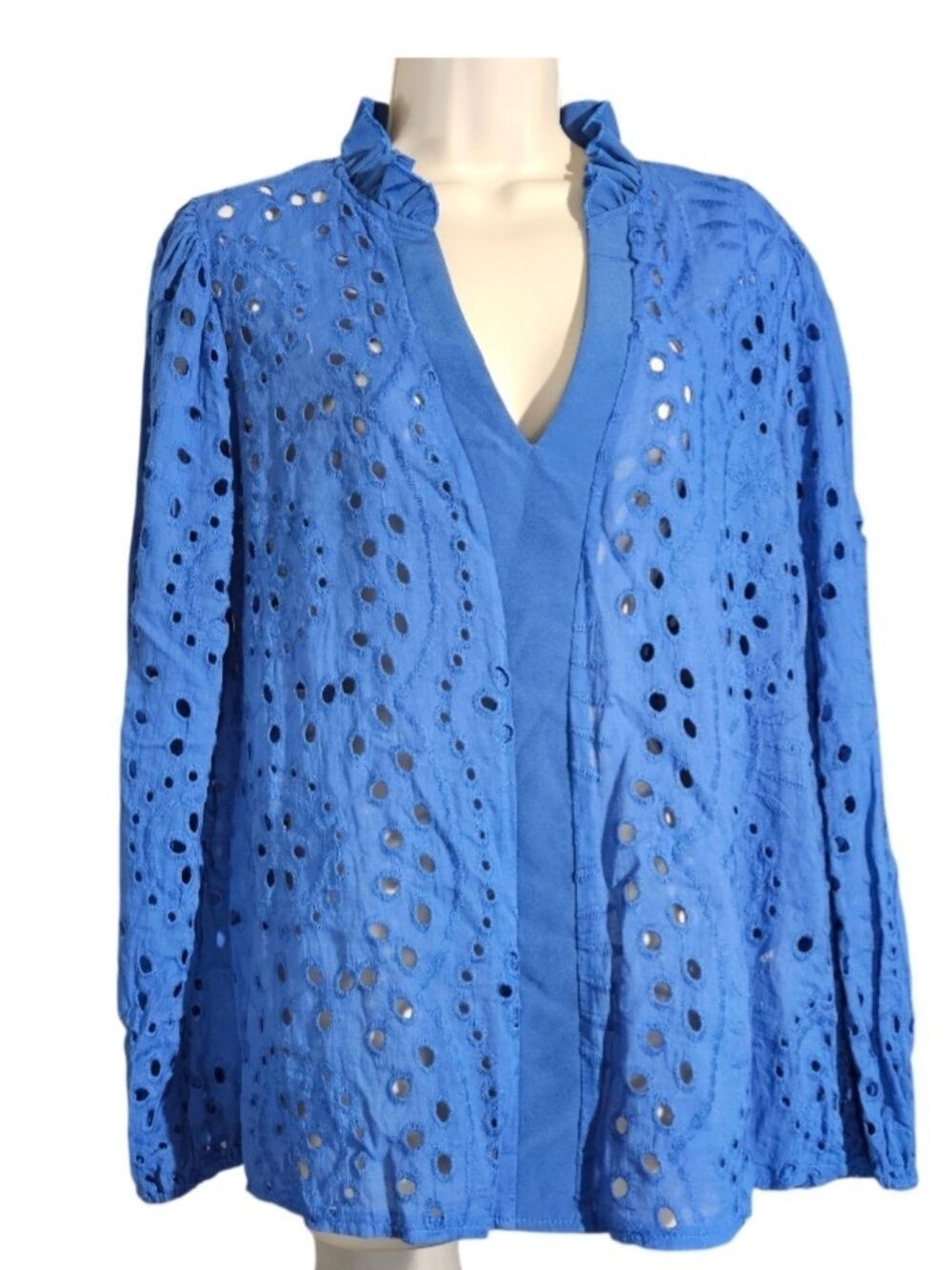 Shein XL Blue Floral Eyelet Embroidery Ruffle Neck Deep V Boho Top Vacation EUC - Picture 10 of 17